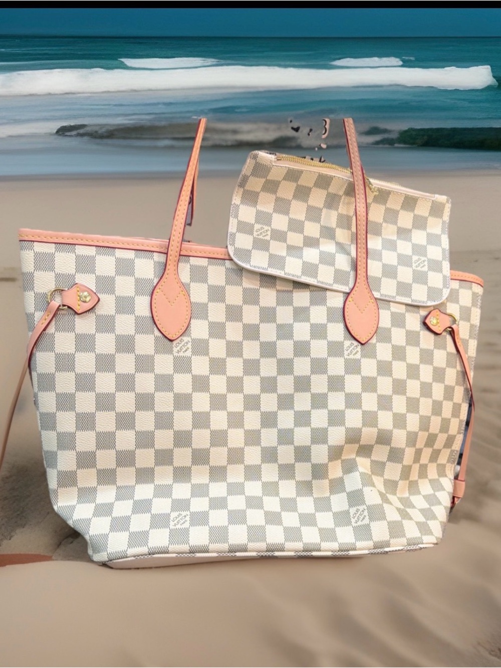 Cream Checked Tote‎ with Pink Trim and Matching Pouch